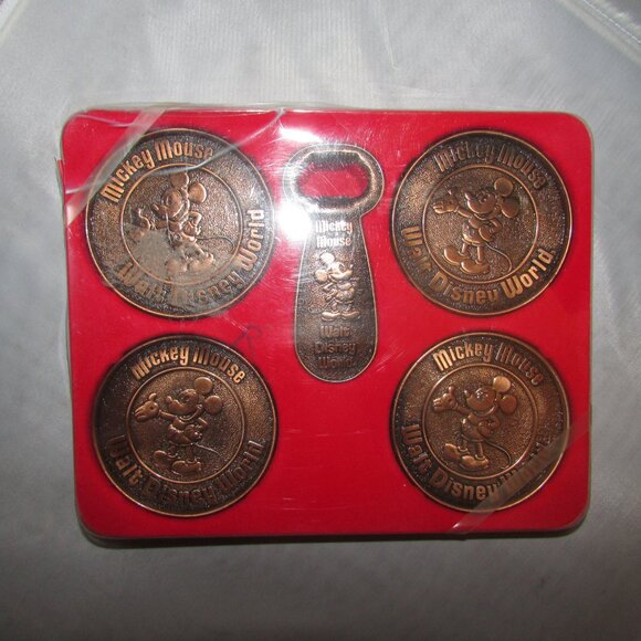 Mickey Mouse Disneyland Coaster Bronze Bottle Opener & Coaster Set New - Picture 2 of 3